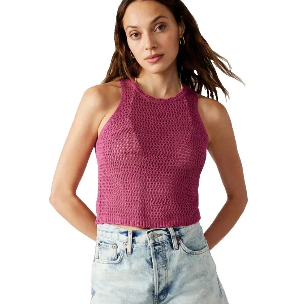 Steve Madden Hannah Crochet Tank Top L NWT Rose Pink $69 Retail Festival Boho